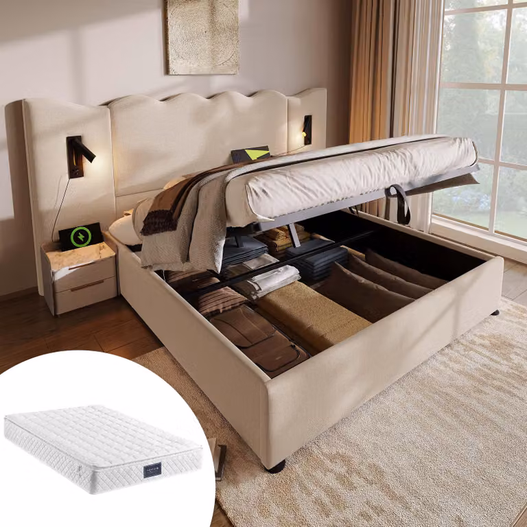 Letto imbottito 160x200 con lampada da lettura a LED, funzione di ricarica USB-C e spazio contenitore con sistema idraulico, testiera in lino con motivo a onde, color beige
