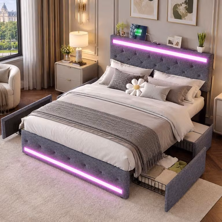 Letto imbottito INONEFT, 140 x 190 cm, letto matrimoniale con LED e USB, letto per adulti con 4 cassetti e rete a doghe, letto per ragazzi, tessuto in lino, colore grigio scuro