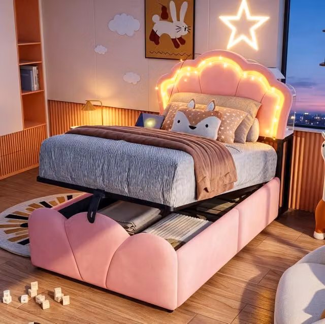 Letto imbottito 90x200 cm con contenitore idraulico, illuminazione LED, tasche nel pannello testiera e tessuto in velluto rosa