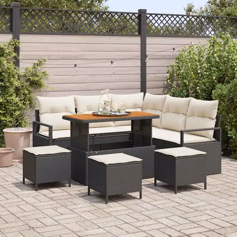 Set Divano da Giardino vidaXL 9 Pezzi L-Shape Nero con Cuscini e Tavolino in Polyrattan e Metallo