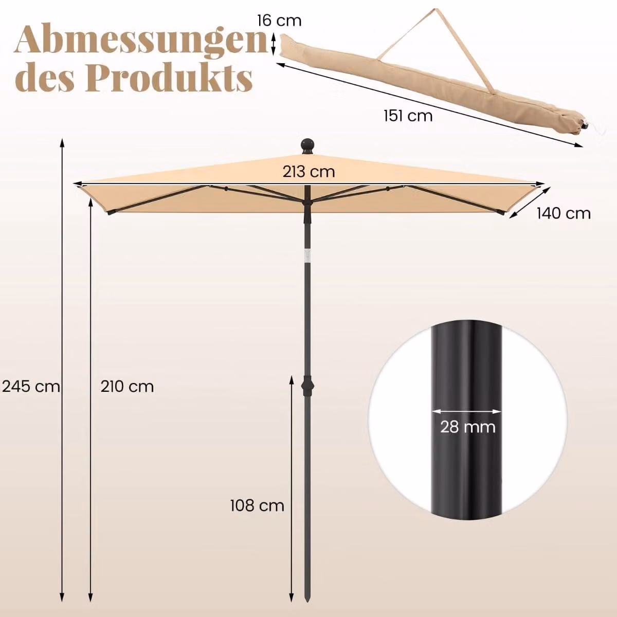 Ombrellone rettangolare da balcone 210x140 cm, beige, regolabile