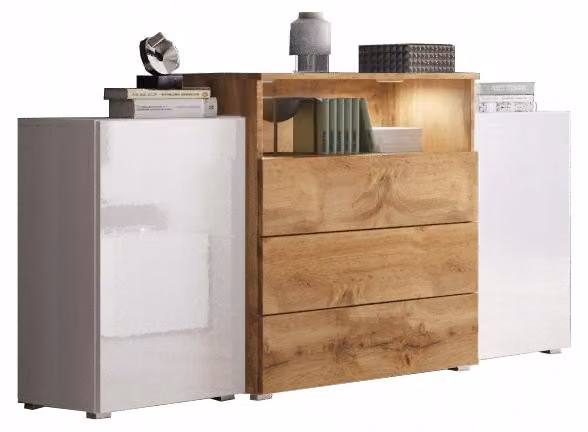 Comò moderno da 150 cm con 3 cassetti, finitura wotan/bianco lucido con rivestimento in laminato