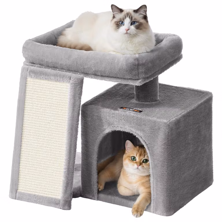 Feandrea Tiragraffi piccolo, tiragraffi con rampa e ampia piattaforma, tiragraffi con cuccia, altezza 44,6 cm, grigio tortora