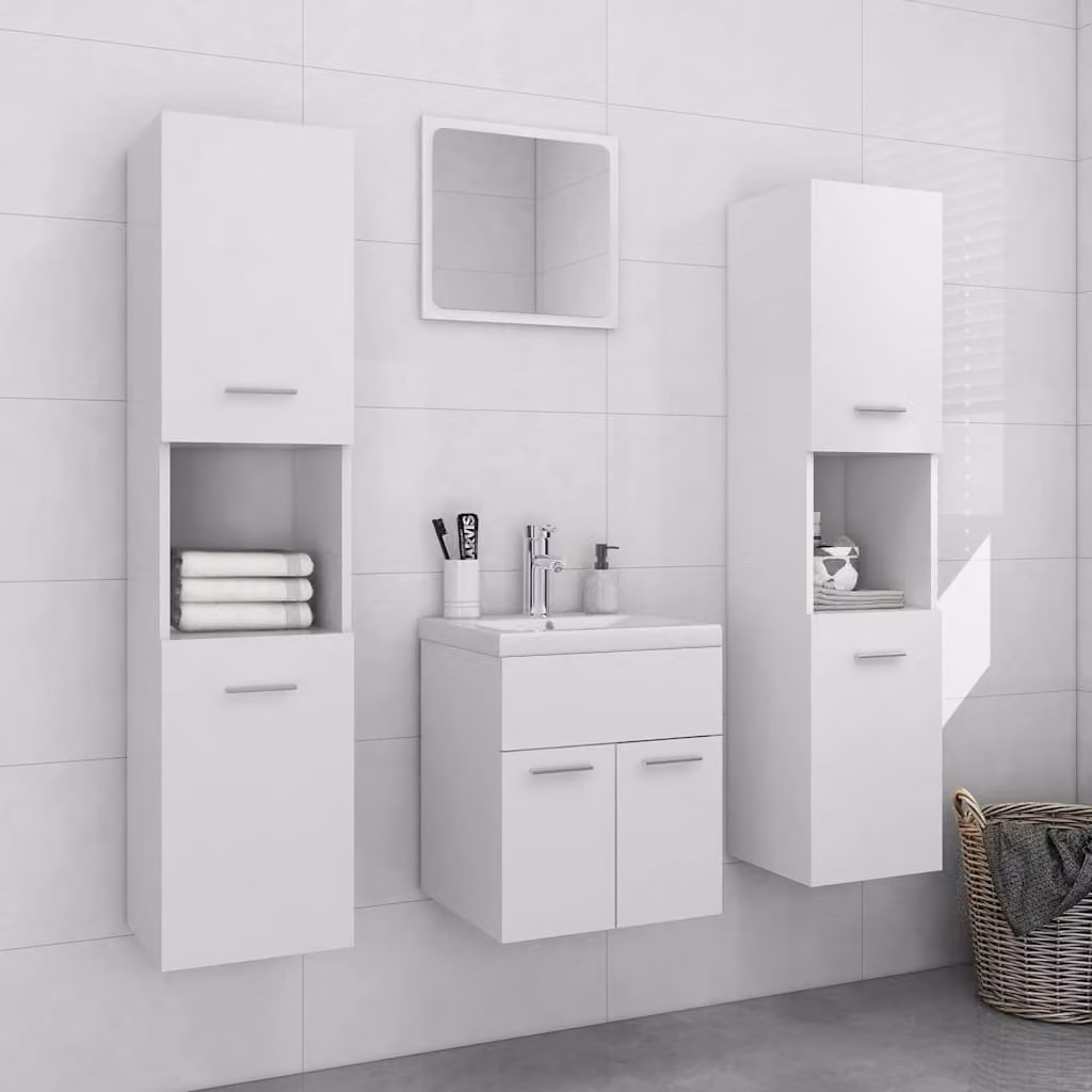 Set di mobili da bagno moderni vidaXL in bianco con base lavabo, armadietto alto e specchiera a parete