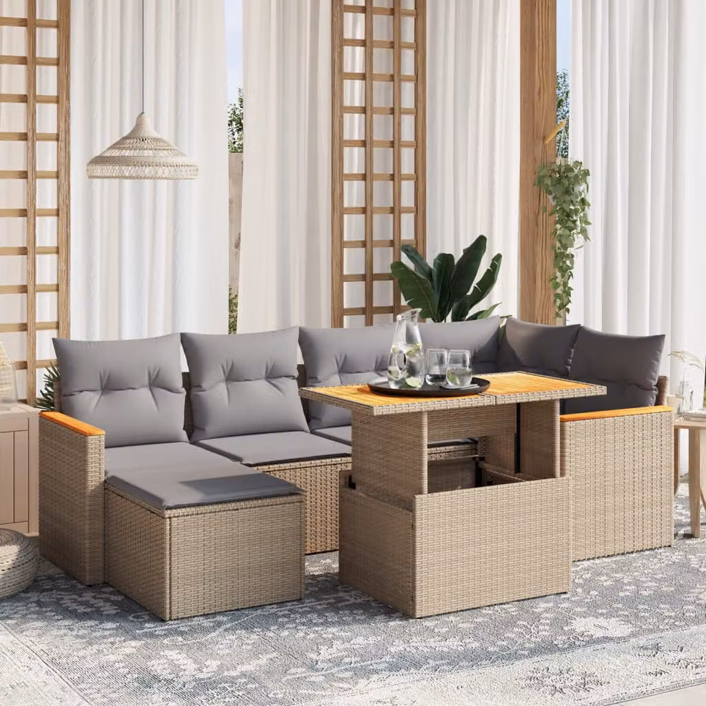 vidaXL Set Divani da Giardino 7 pz a L con Cuscini Beige in Polyrattan e Legno di Acacia – 1