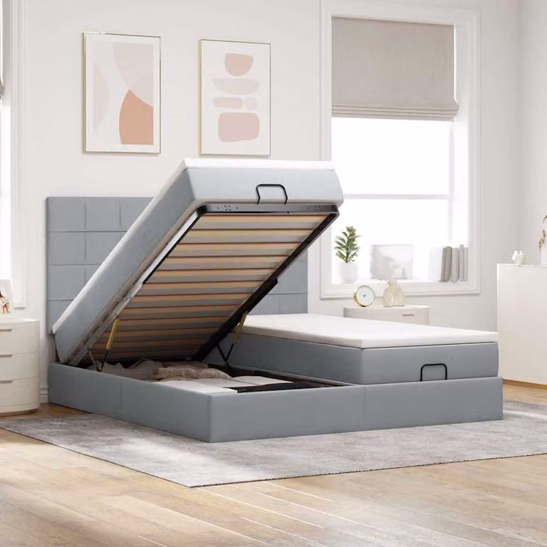 vidaXL Struttura Letto con Contenitore e Materasso in Tessuto, Colore Grigio e Bianco, L/P/H: 180 x 200 x 128 cm