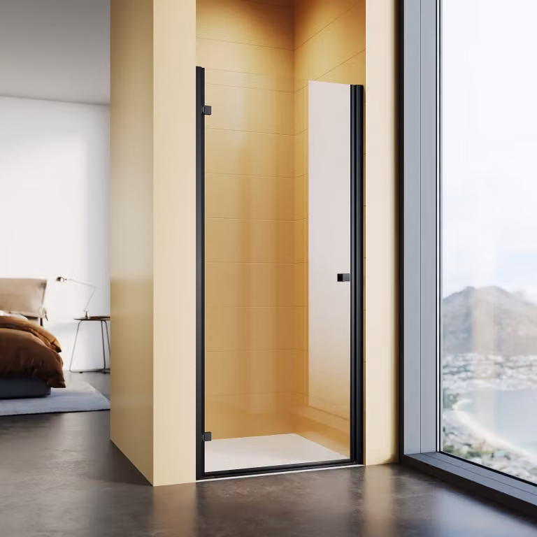 SONNI porta doccia a nicchia 90x195cm, porta doccia con cerniera, vetro di sicurezza 6mm, porta doccia a filo pavimento nero opaco box doccia porta a battente