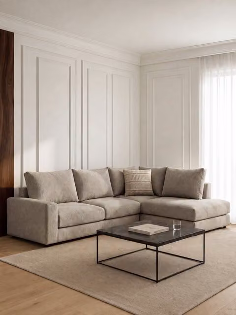 Divano angolare destro Orson Kenay Home, 5 posti, marrone e beige, modello moderno in tessuto con cuscini inclusi, Larghezza: 299 cm