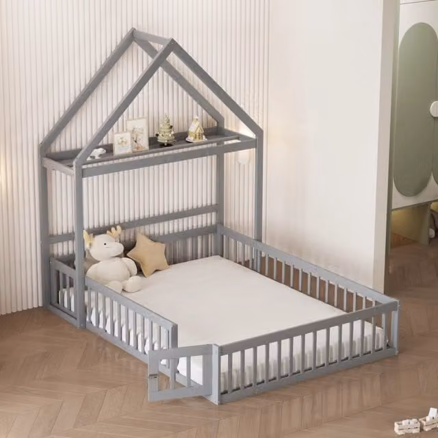Letto per bambini OKWISH moderno in legno e MDF con struttura a casetta, ripiani laterali e colore grigio, L: 200 cm, P: 140 cm, H: 154 cm