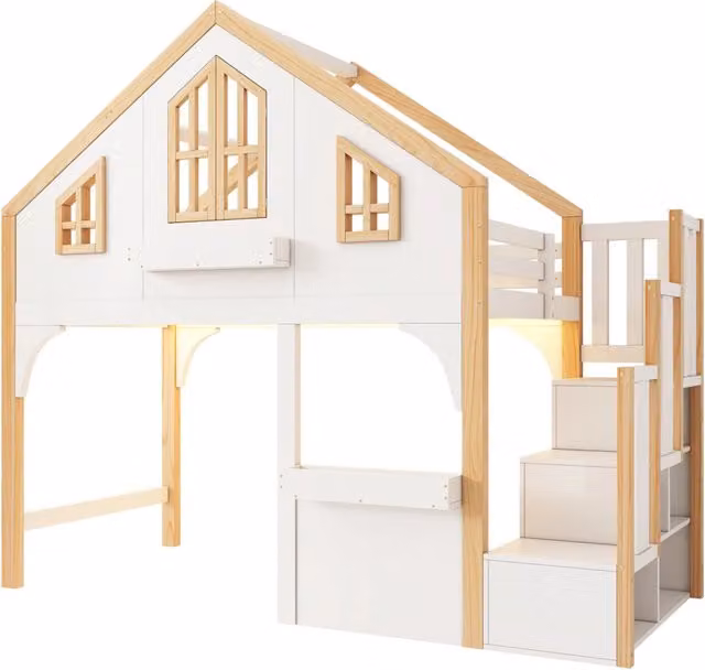 Letto a castello per bambini in legno 90x200 cm con scala contenitore, LED integrato e finestra, bianco e naturale