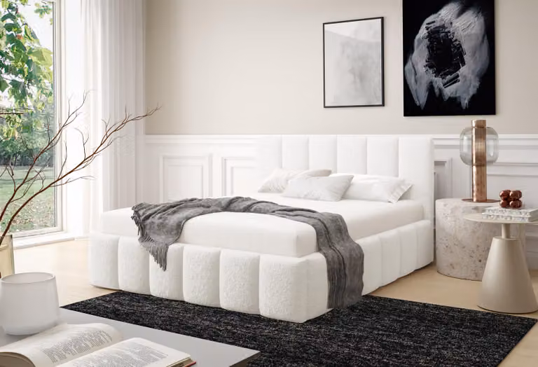 Letto imbottito LINO con contenitore | Letto 160x200 | Letto matrimoniale con contenitore e rete a doghe | Stile boxspring | Senza materasso | Camera da letto - Bianco