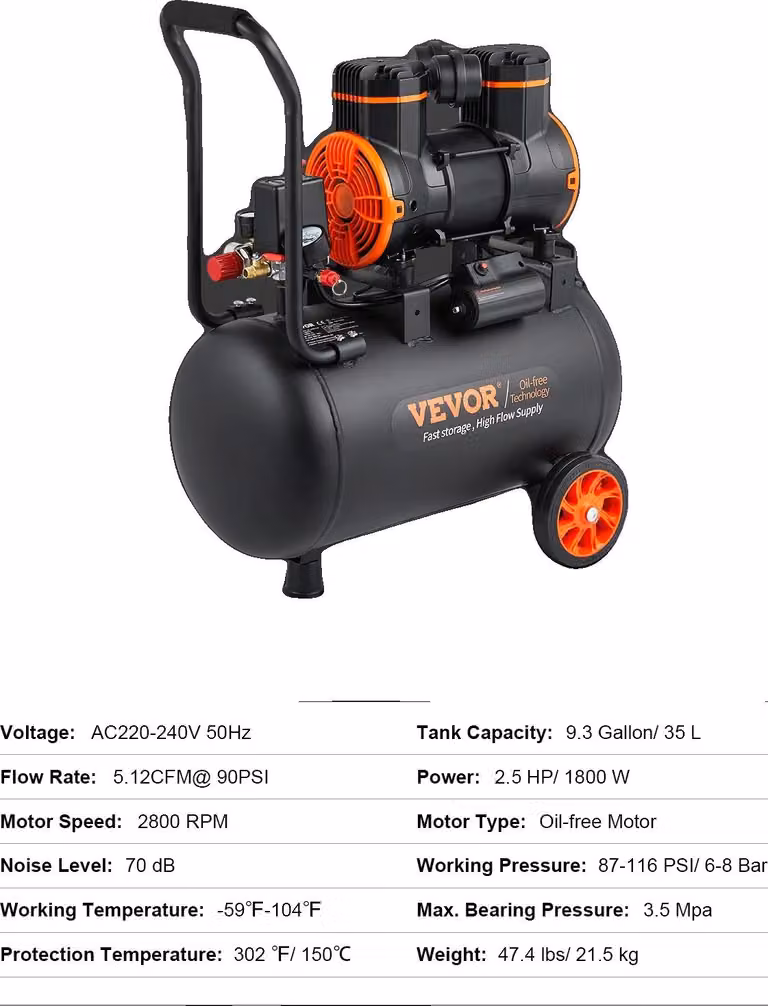 Compressore d'aria, design senza olio, portatile ed efficiente, 35L 1800W