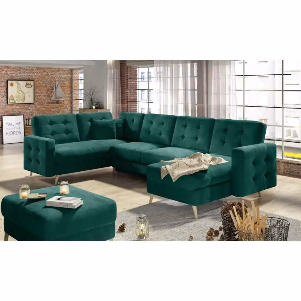 Divano ad angolo panoramico reversibile MEUBLORAMA HASGARD in velluto verde, con funzione letto, L: 326 cm, P: 202 cm – 2
