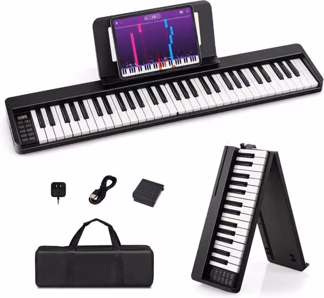 Tastiera elettronica portatile con 61 tasti a grandezza standard, pedale sustain, connessione MIDI, Bluetooth e USB-C, colore Nero con borsa in tessuto inclusa