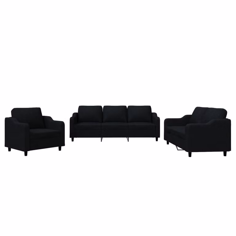 Set di Divani 3 pz con Cuscini Nero in Tessuto