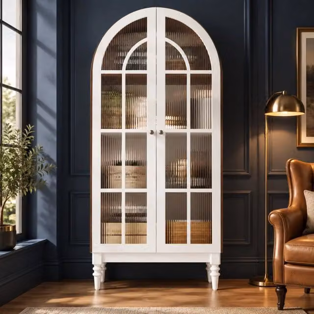 Vetrina ad arco 76x38;5x165 cm con ante in vetro rigato; MDF bianco