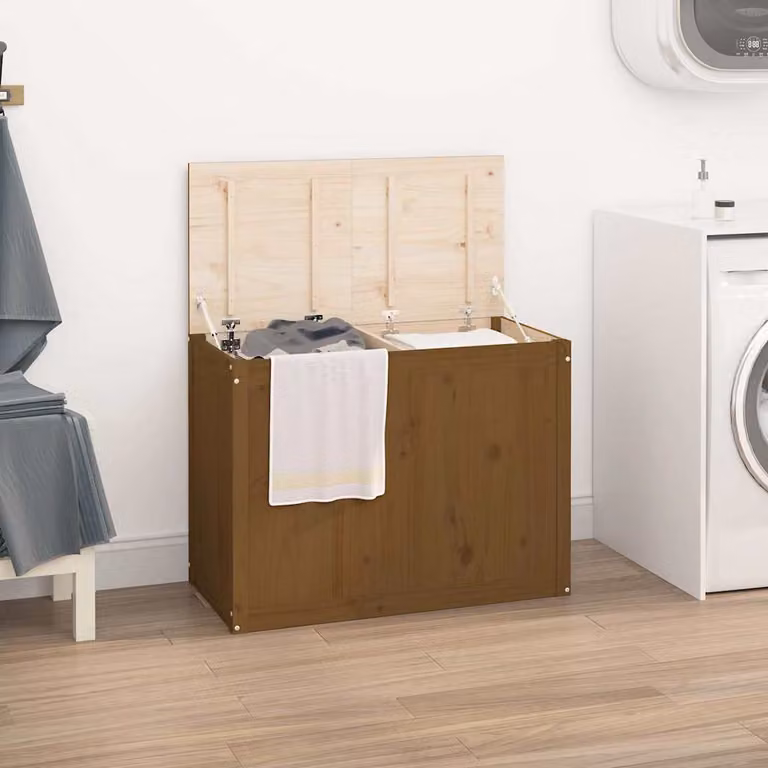 Contenitore per bucato vidaXL in legno di pino con coperchio, colore marrone, L: 88,5 cm, P: 44 cm, H: 66 cm