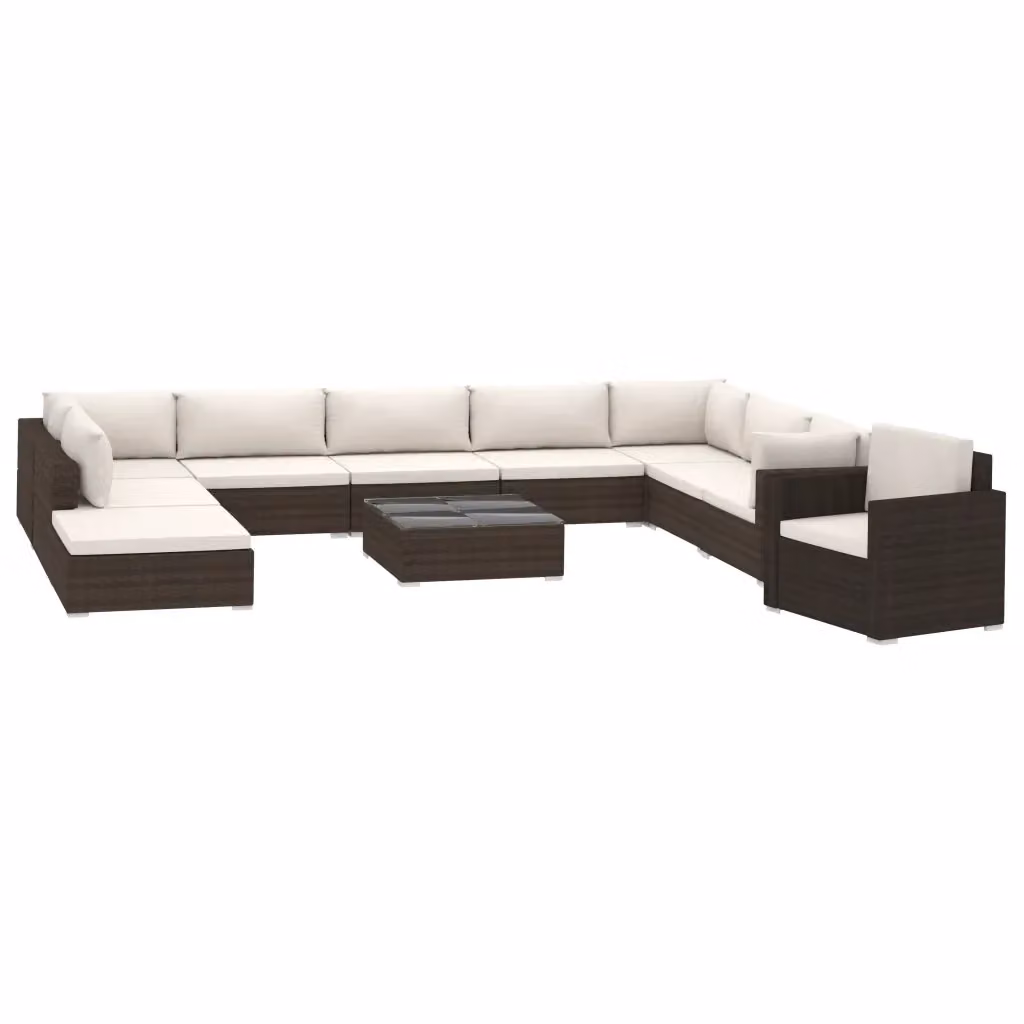 Set di divani da giardino vidaXL 11 pezzi in rattan marrone con cuscini beige e tavolino da esterno – 2