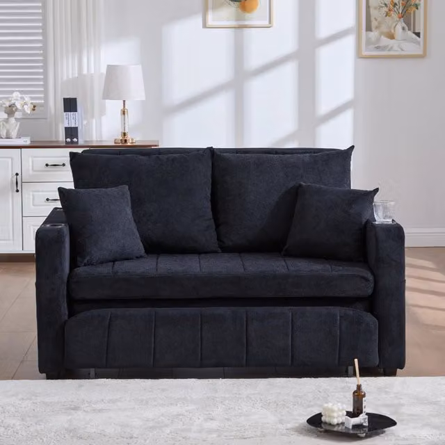 Divano letto convertibile multifunzione con tasche laterali e 4 cuscini, in ciniglia nero per piccoli spazi
