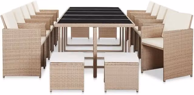 Set da pranzo da giardino vidaXL in polyrattan beige e bianco con 15 pezzi e tavolo in vetro