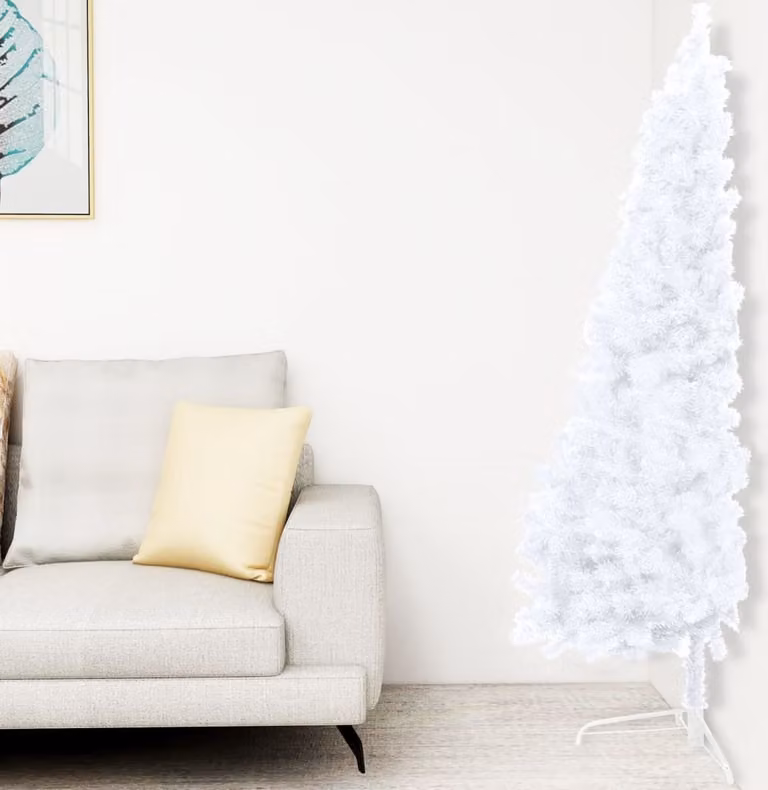 Albero di Natale a Metà Preilluminato con Palline Bianco 150 cm