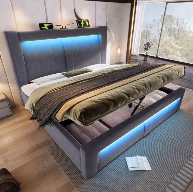 Letto matrimoniale 160x200 cm con contenitore; LED; ricarica USB e Type-C; velluto grigio