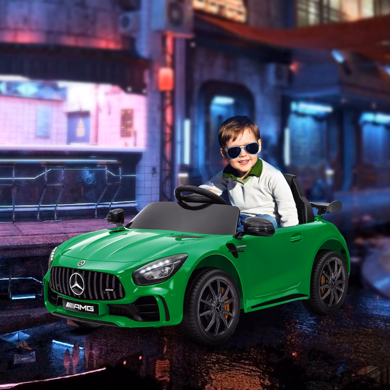 Auto elettrica Mercedes AIYAPLAY per bambini con telecomando, luci e musica, Verde – 2