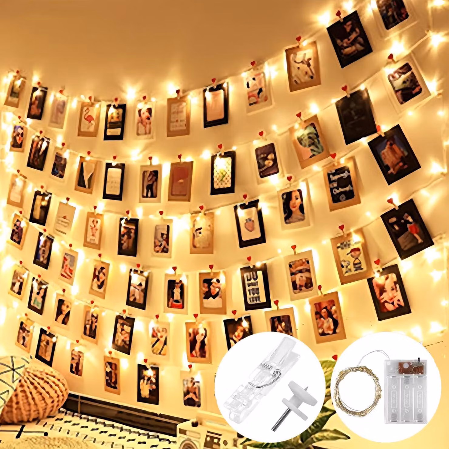 Catena luminosa a LED, 5 metri, 50 LED, con 30 clip, luce bianco caldo