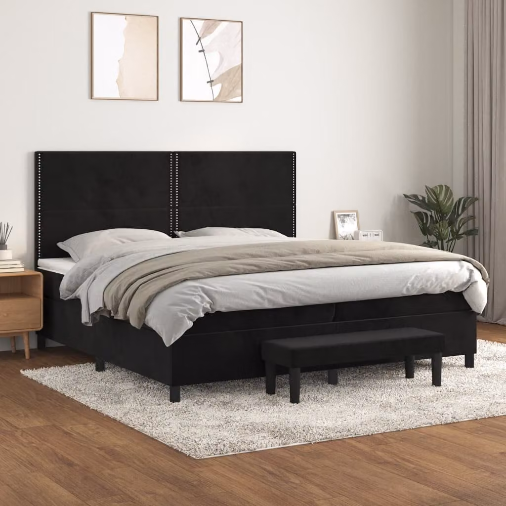 vidaXL Letto Ibrido con Giroletto a Molle e Materasso in Velluto Nero e Bianco L/P/H: 200 x 200 x 128 cm