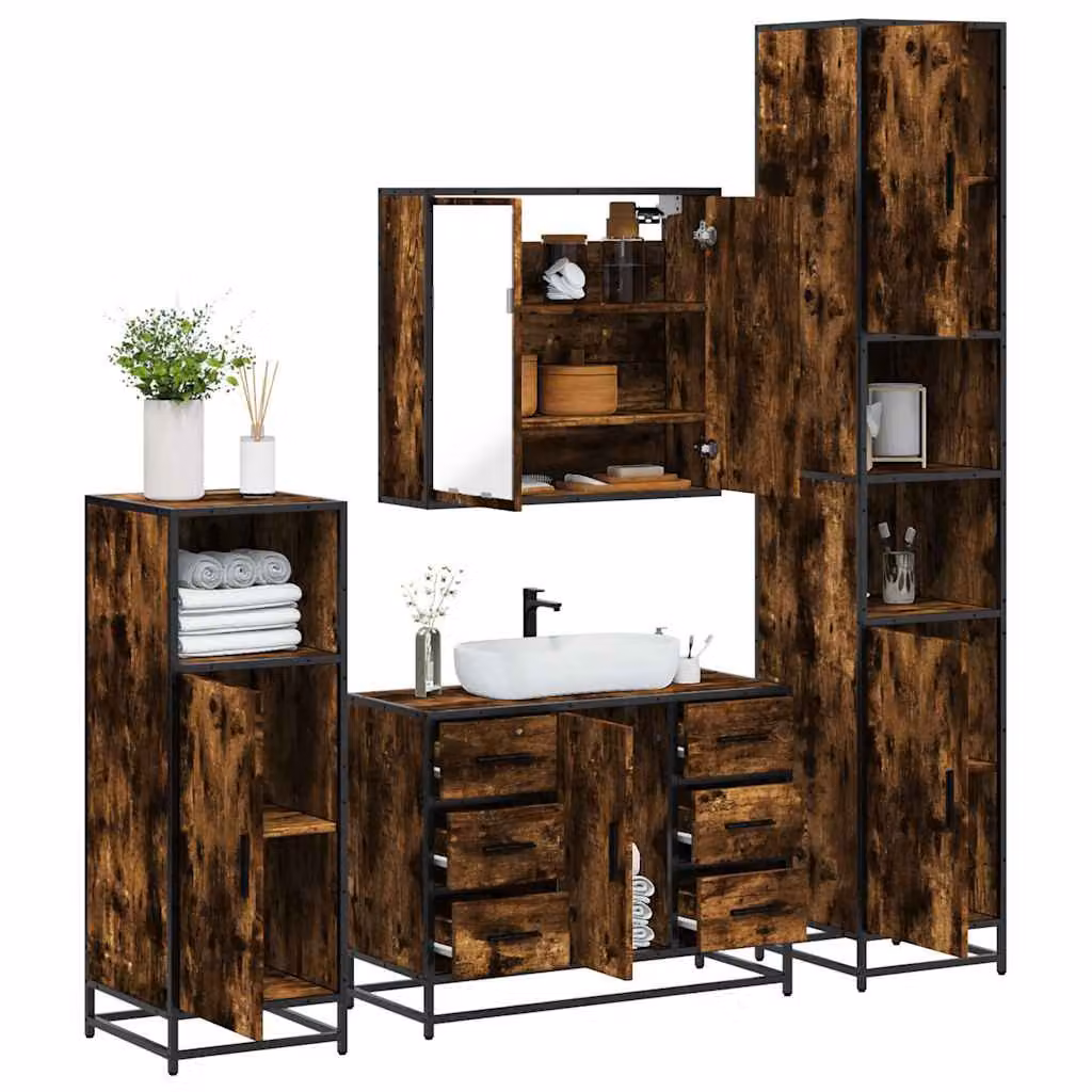 Set di mobili da bagno industrial vidaXL in legno e metallo marrone, composto da armadietto con specchio, mobile lavabo, mobile laterale e colonna alta – 1