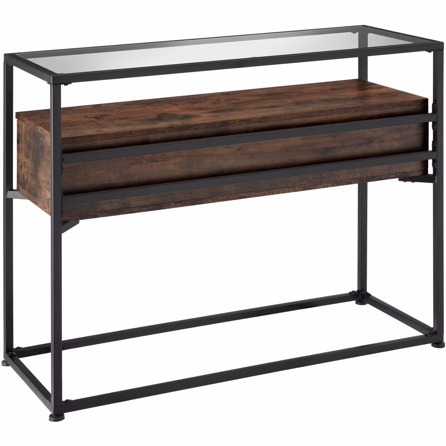 Tavolo console Reading tectake in stile industriale color marrone con piano in vetro, L: 101,5 cm, P: 41,5 cm, H: 80,5 cm – 1