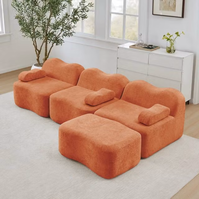 Divano Angolare Modulare 3 Posti con Ottoman ¨C MINIMAL ¨C Tessuto Arancione, Cuscini, Braccioli