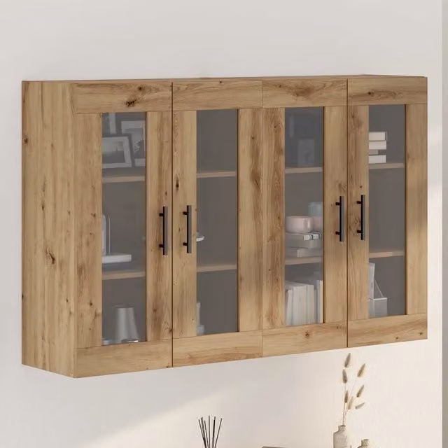 Set di 2 armadi da muro vidaXL in stile rustico con ante in vetro, colore rovere e nero, L/P/H: 69,5 x 34 x 90 cm