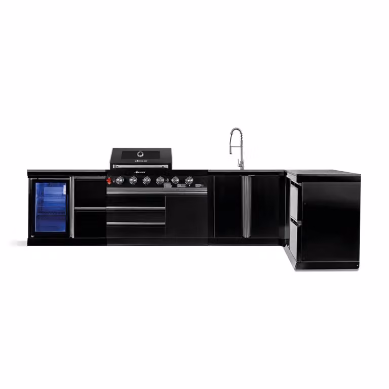 Cucina da esterno GORILLER® BLACKBACK XL4, barbecue a gas con frigorifero, lavello, piano di lavoro aggiuntivo, spazio di archiviazione e angolo, acciaio inox, nero