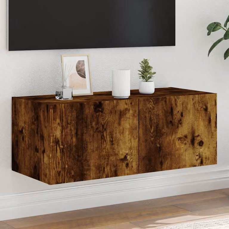 Mobile TV a parete vidaXL con luci LED integrate in rovere fumo, L 80 cm x P 35 cm x H 31 cm