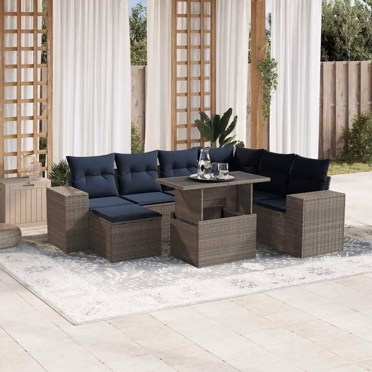 Set di divani da giardino vidaXL in polyrattan grigio con cuscini, tavolino e pouf, design moderno a forma di L