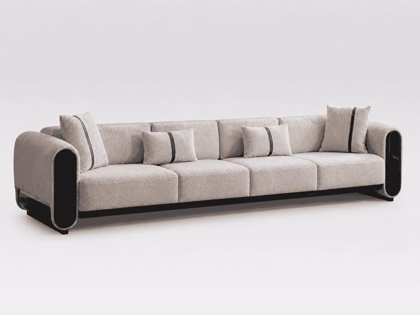 Divano a 4 posti, colore beige, tessuto, struttura in legno, design moderno e contemporaneo, ideale per l'arredamento della zona living