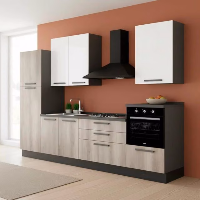 Cucina moderna Tezeta Gordon con ante a battente e cassetti, colore antracite e bianco, L: 300 cm, H: 216 cm – 1