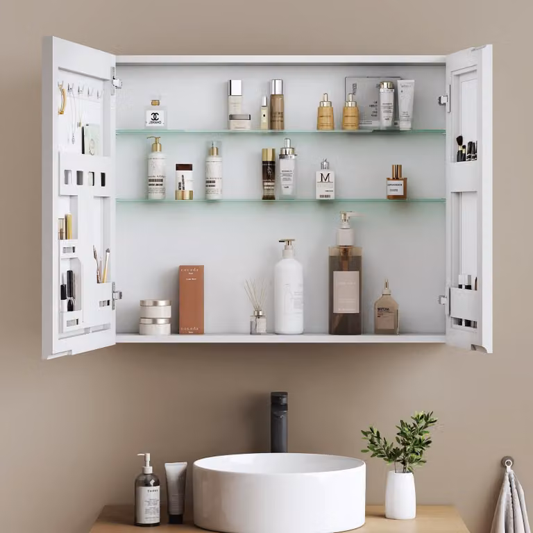 Armadio a specchio EMKE bianco opaco a doppia anta 65x80x14,5 cm a parete con portaoggetti e ripiano regolabile in vetro d'acciaio Ideale per l'organizzazione del bagno
