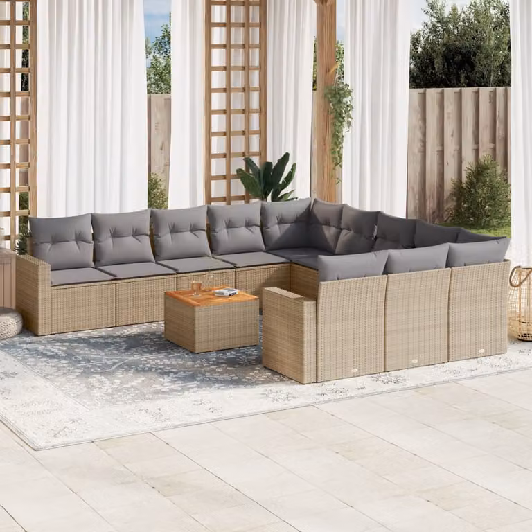 vidaXL Set Divano da Giardino a L 12 pz in Polyrattan con Cuscini Beige e Grigio e Tavolino da Esterno