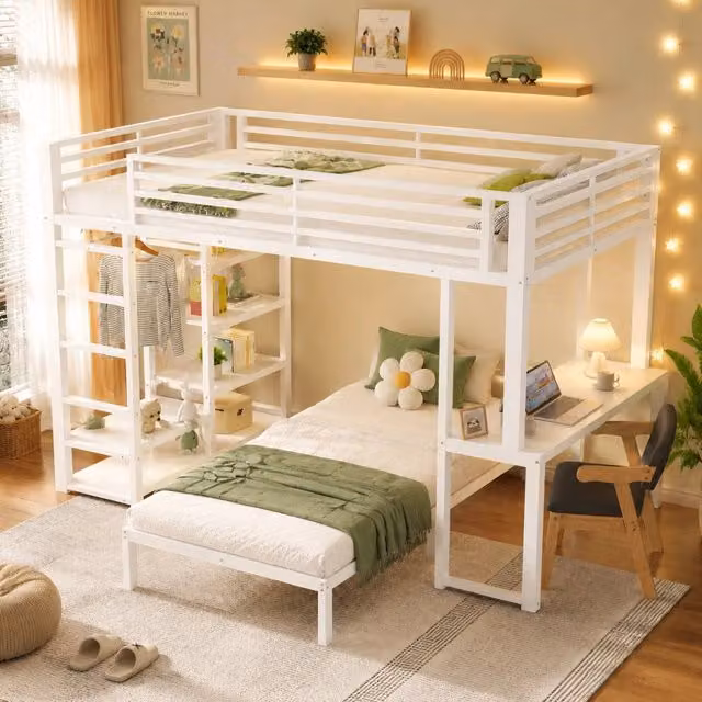 Letto a soppalco 90x200 cm con scrivania e scaffali bianco