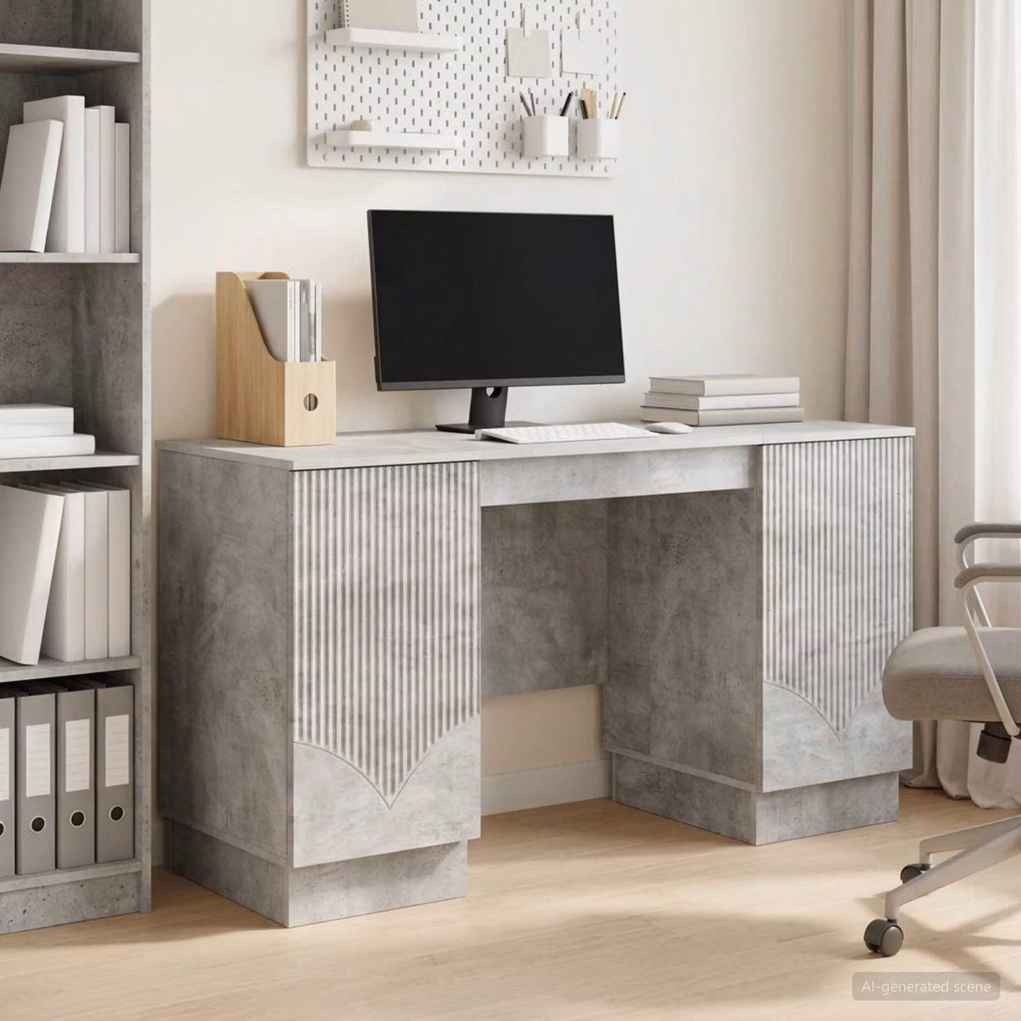 Scrivania moderna vidaXL in MDF laminato grigia L: 142,5 cm, P: 50 cm, H: 75 cm