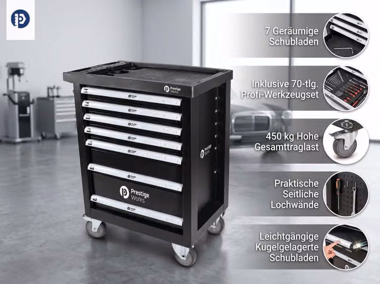 Carrello da officina PWTOC11 con set di utensili da 70 pezzi, 7 cassetti, portata 450 kg