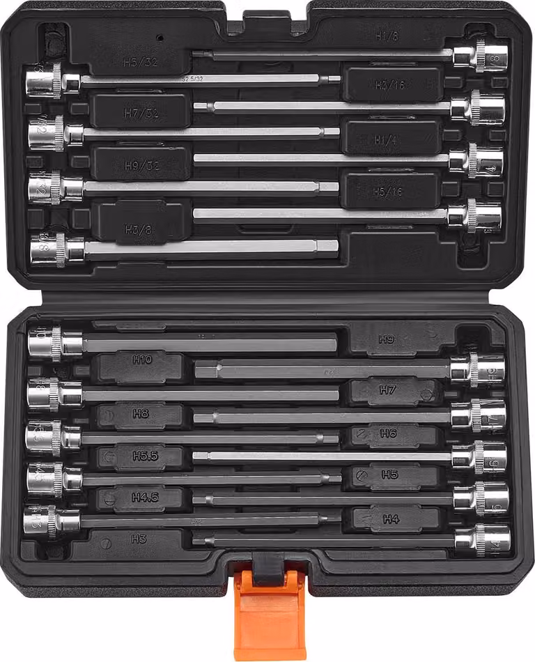 Set di chiavi a bussola esagonali extra lunghe - 18 pezzi - Attacco quadrato da 9,5 mm - SAE 3,2–9,5 mm e metrico 3–12 mm - Acciaio legato S2 e acciaio Cr-V - Con valigetta di conservazione