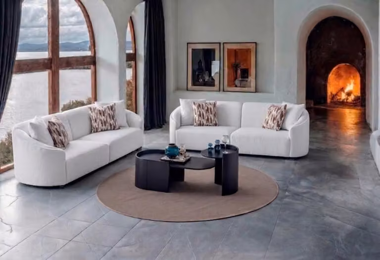 Divano a tre posti, tavolino, set moderno, bianco e nero, elegante