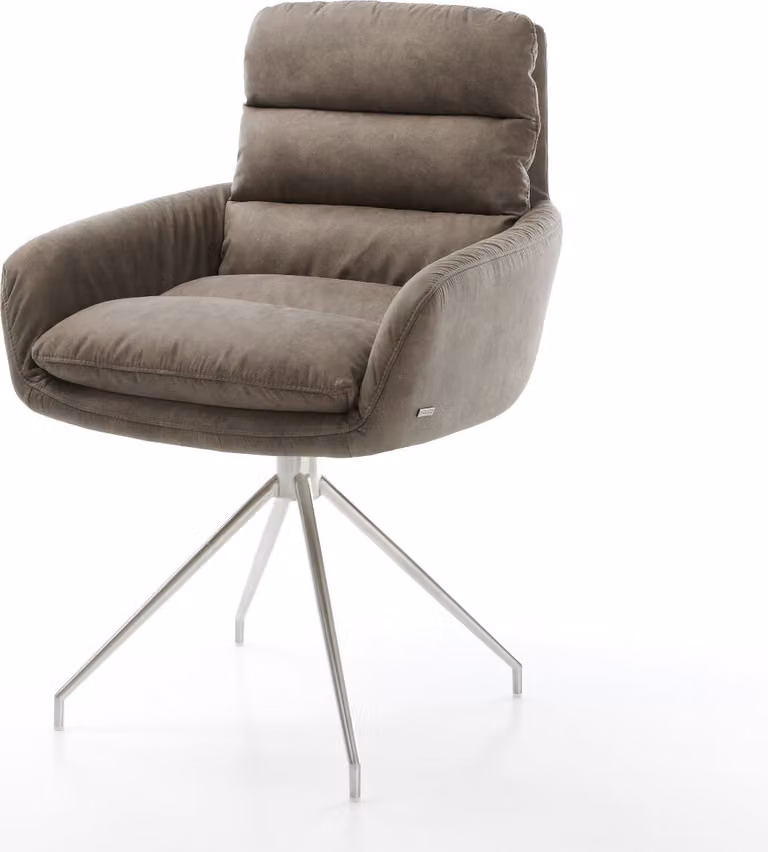 Sedia da pranzo DELIFE Abelia-Flex con braccioli, rivestita in microfibra color taupe, stile vintage, struttura a croce conici in acciaio inossidabile
