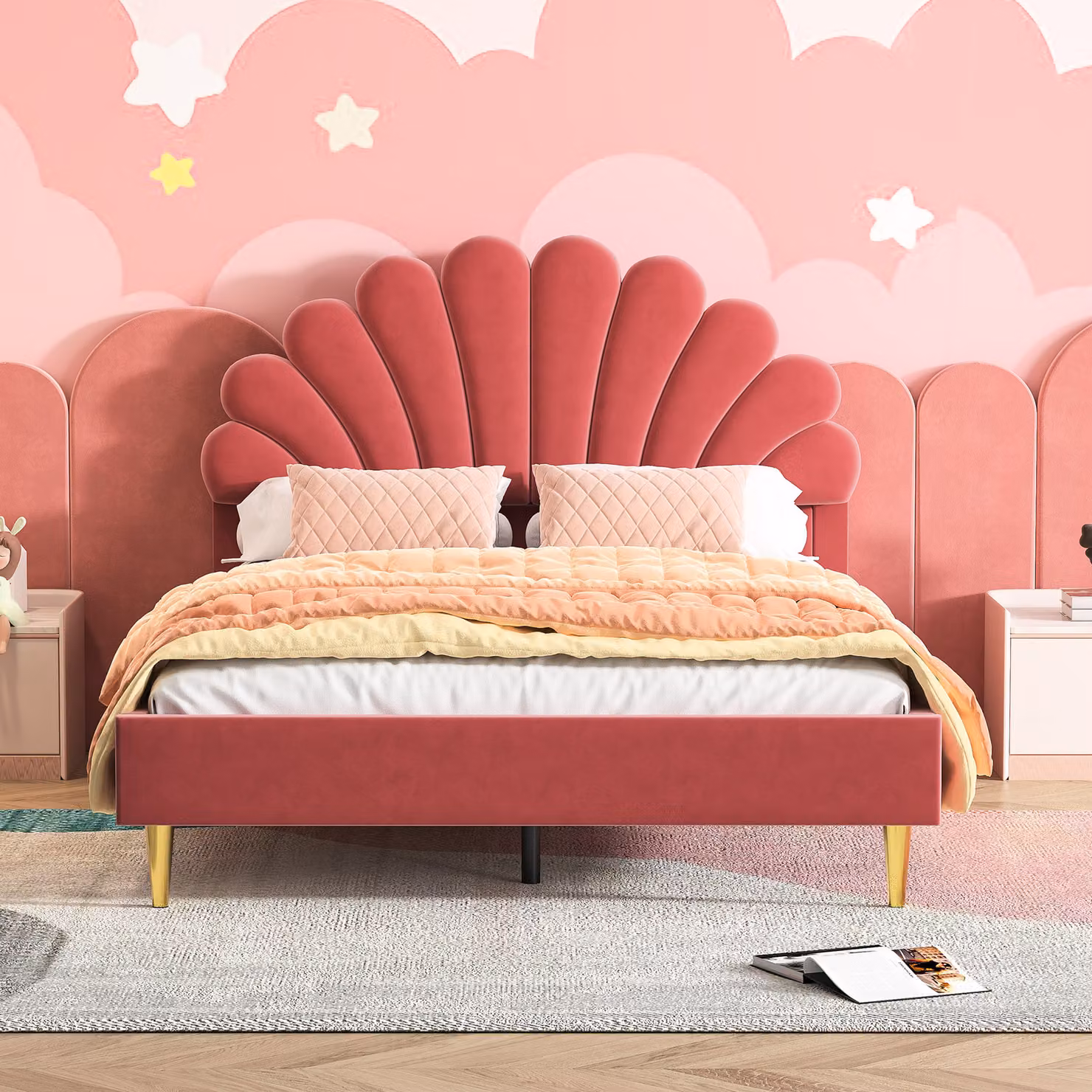 CDGlobal letto imbottito 140x200cm con testata regolabile in altezza e rete a doghe, testata a forma di fiore letto singolo per bambini e adulti, rosso