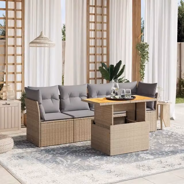 Set Divano da Giardino 5 pz con Cuscini-Sofa da Giardino-Divanetto da esterno Beige in Polyrattan 934616