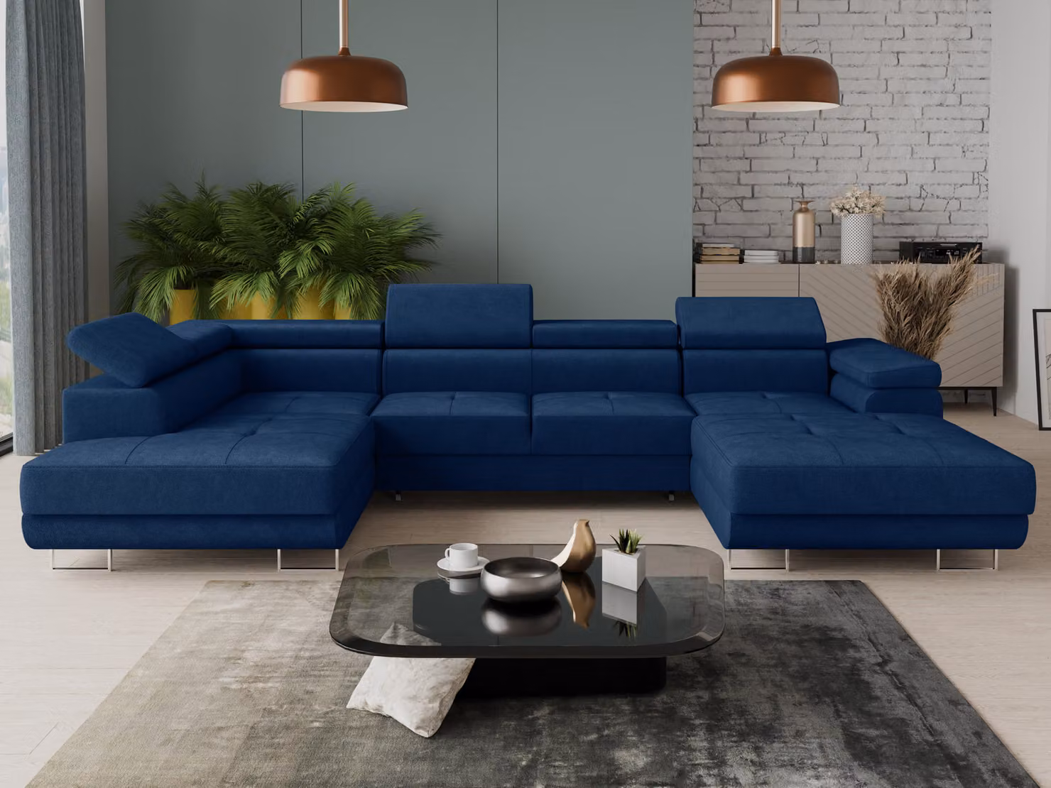 Combo salotto Caris U con funzione letto e poggiatesta regolabili, divano ad angolo con due contenitori, divanetto, divano, divano letto (blu (Kronos 09), divano ad angolo a destra)