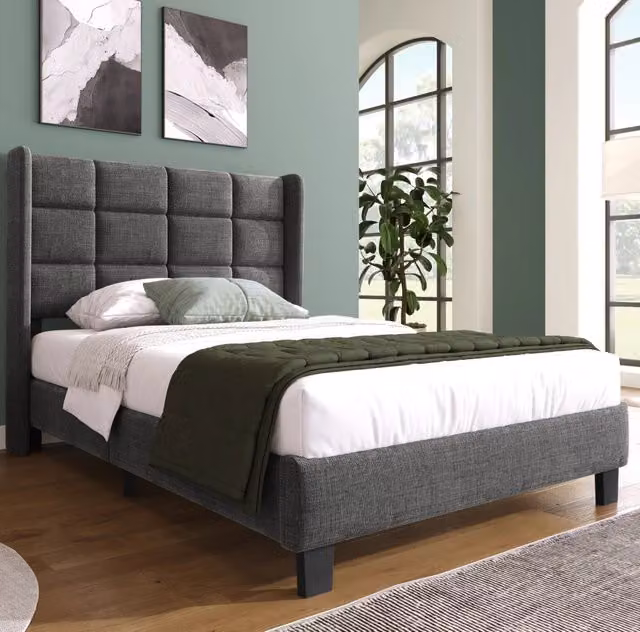 Letto Singolo Imbottito con Testiera in Lino Grigio 90x200 cm con Rete a Doghe